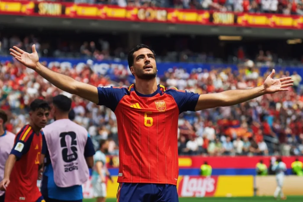 Com falha de goleiro, Espanha vence a Bélgica e vai à semifinal da Copa do Mundo Mikel Merino, da Espanha, celebrando o gol sobre a Bélgica, válido pelas quartas de final da Copa do Mundo • Reprodução/X/@SEFutbol